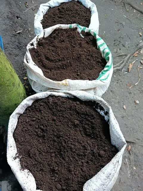 Sacks filled with fine dark sieved vermicompost ready for dispatch