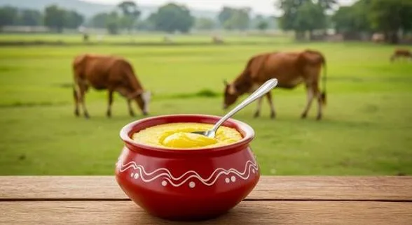 Clay pot of golden A2 desi cow ghee in front of grazing cows