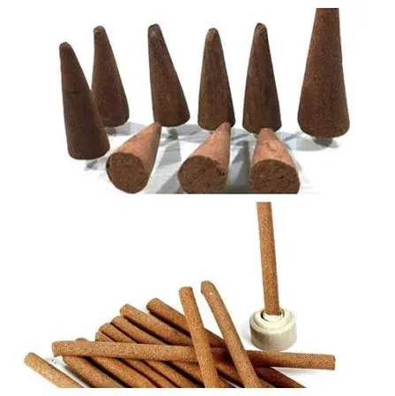 Assortment of natural dhoop cones and hand-rolled dhoop sticks with a holder