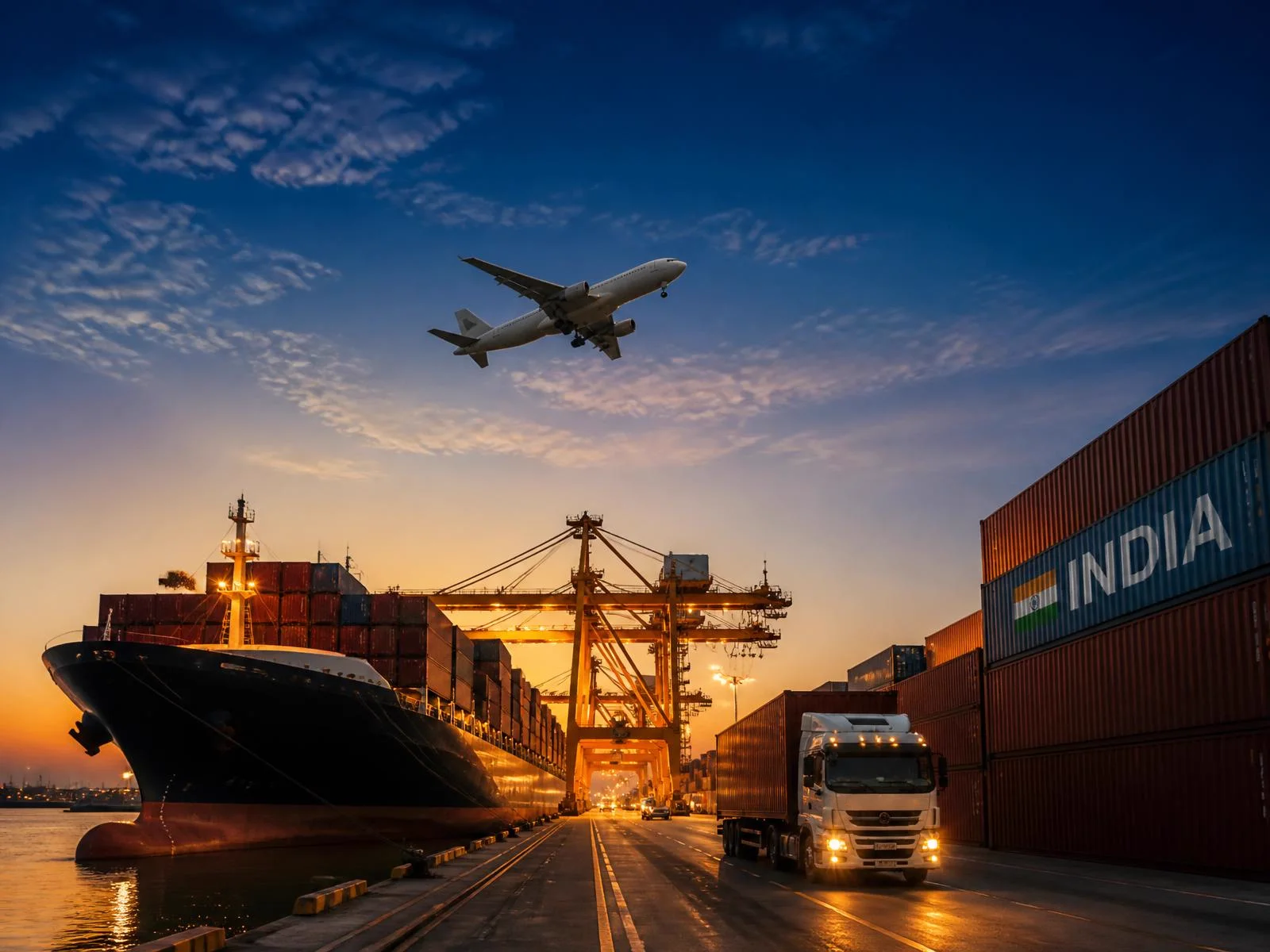 Cargo ship and aircraft at an Indian port at dusk with export containers