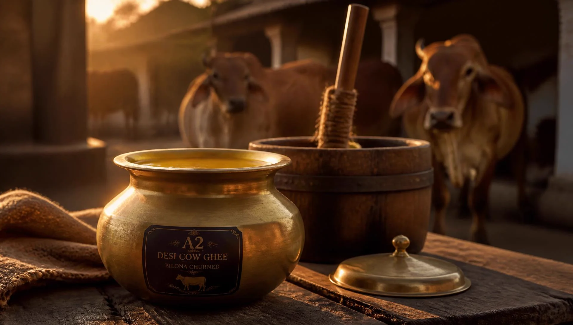 Brass pot of golden A2 desi cow ghee beside a wooden bilona churner at a village dairy